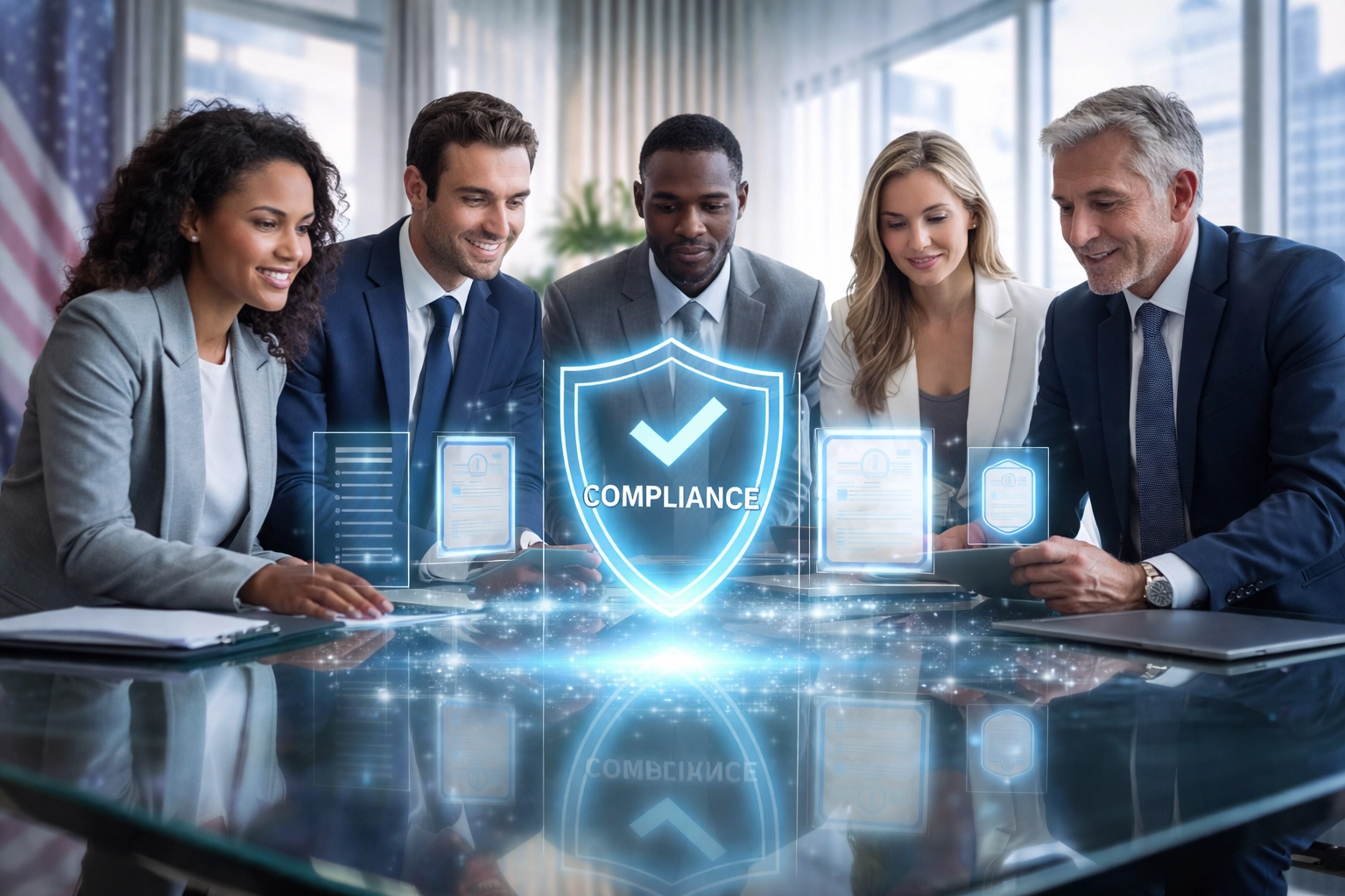 Business professionals reviewing digital compliance documents with subtle US flags, representing Larecoin’s commitment to US regulatory compliance in Web3 payments.