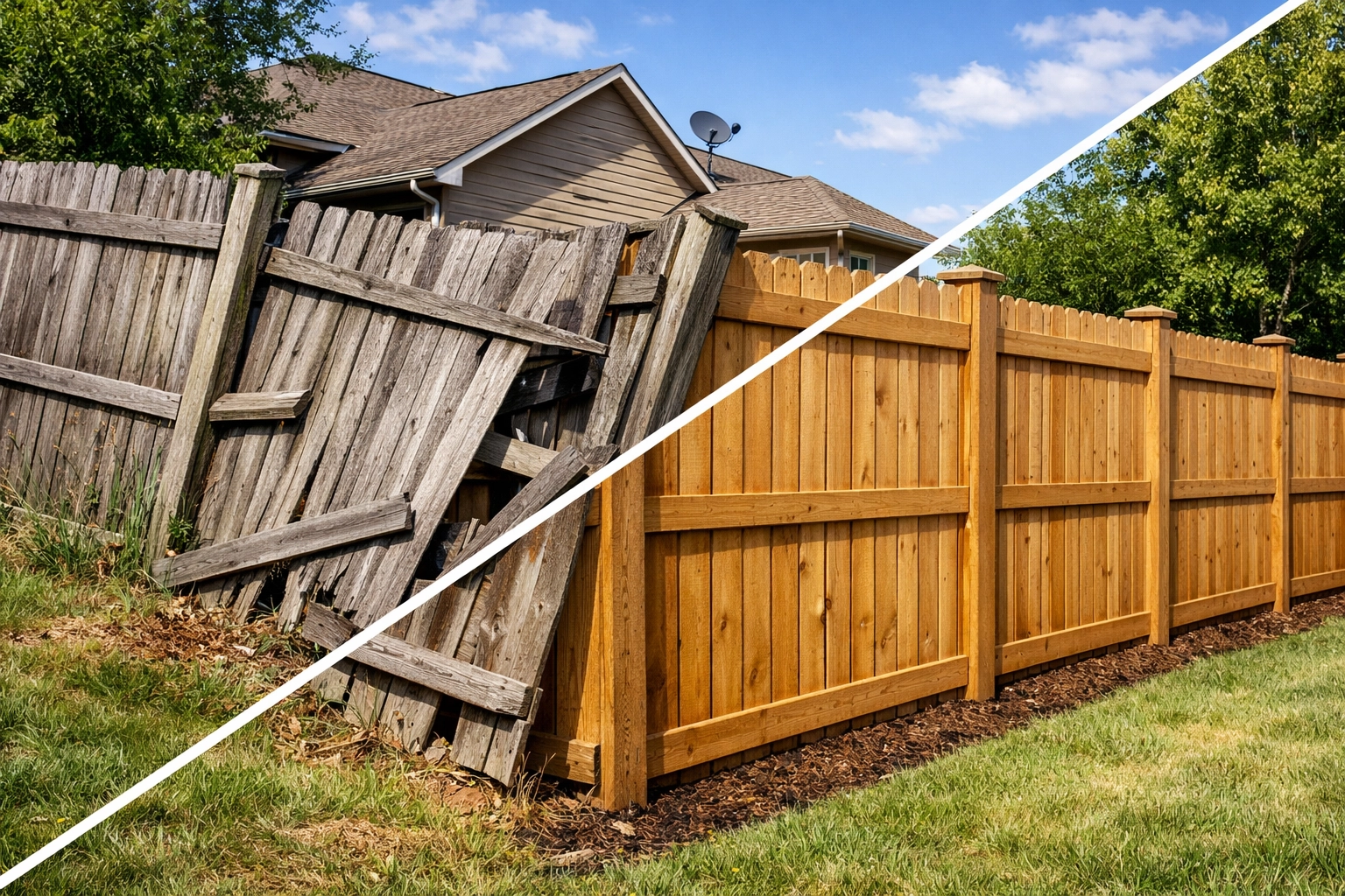 Before and after comparison of fence repair showing damaged vs. restored sections