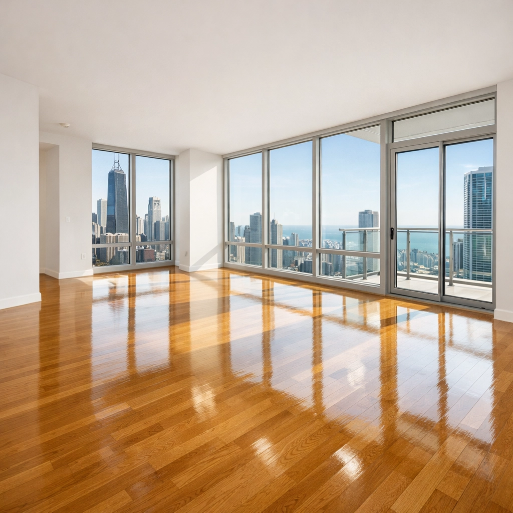 Move-in ready Chicago apartment living room with polished hardwood floors after professional turnover cleaning.