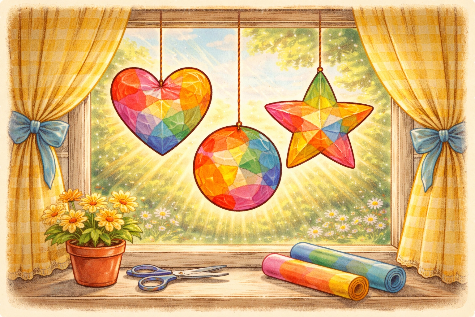 Three tissue paper suncatchers in bright colors hang in a sunny window, glowing as sunlight shines through.