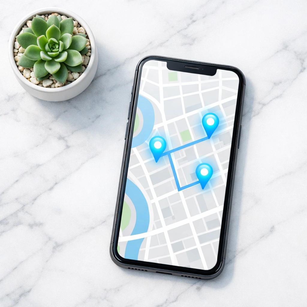 Smartphone displaying local map search results for chiropractic patients on a modern office desk.
