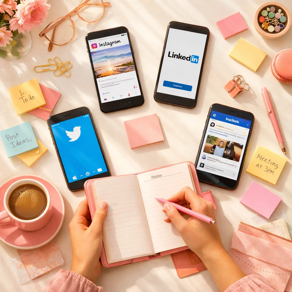 Multiple smartphones displaying different social media platforms with planner and scheduling notes