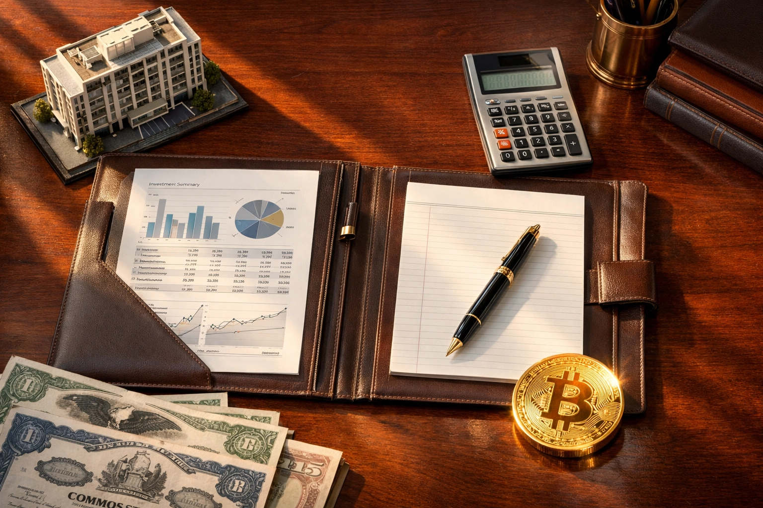 Wealth management planning workspace with financial documents, Bitcoin, and real estate investment materials