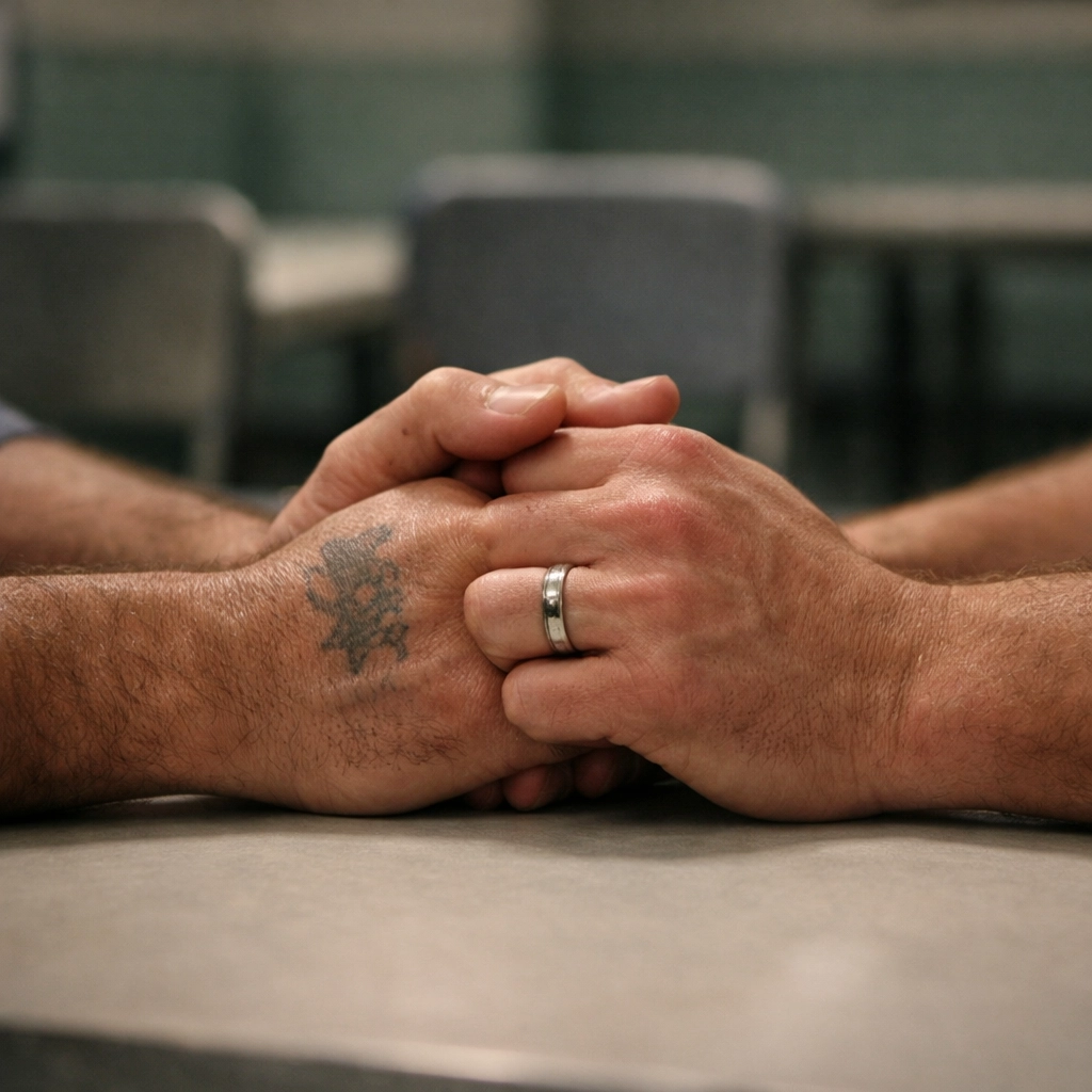 Gay couple holding hands during prison visit with wedding ring symbolizing commitment
