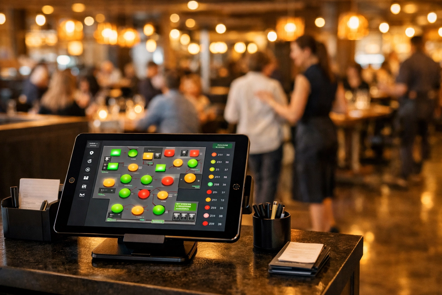Digital floor plan on tablet showing real-time table status