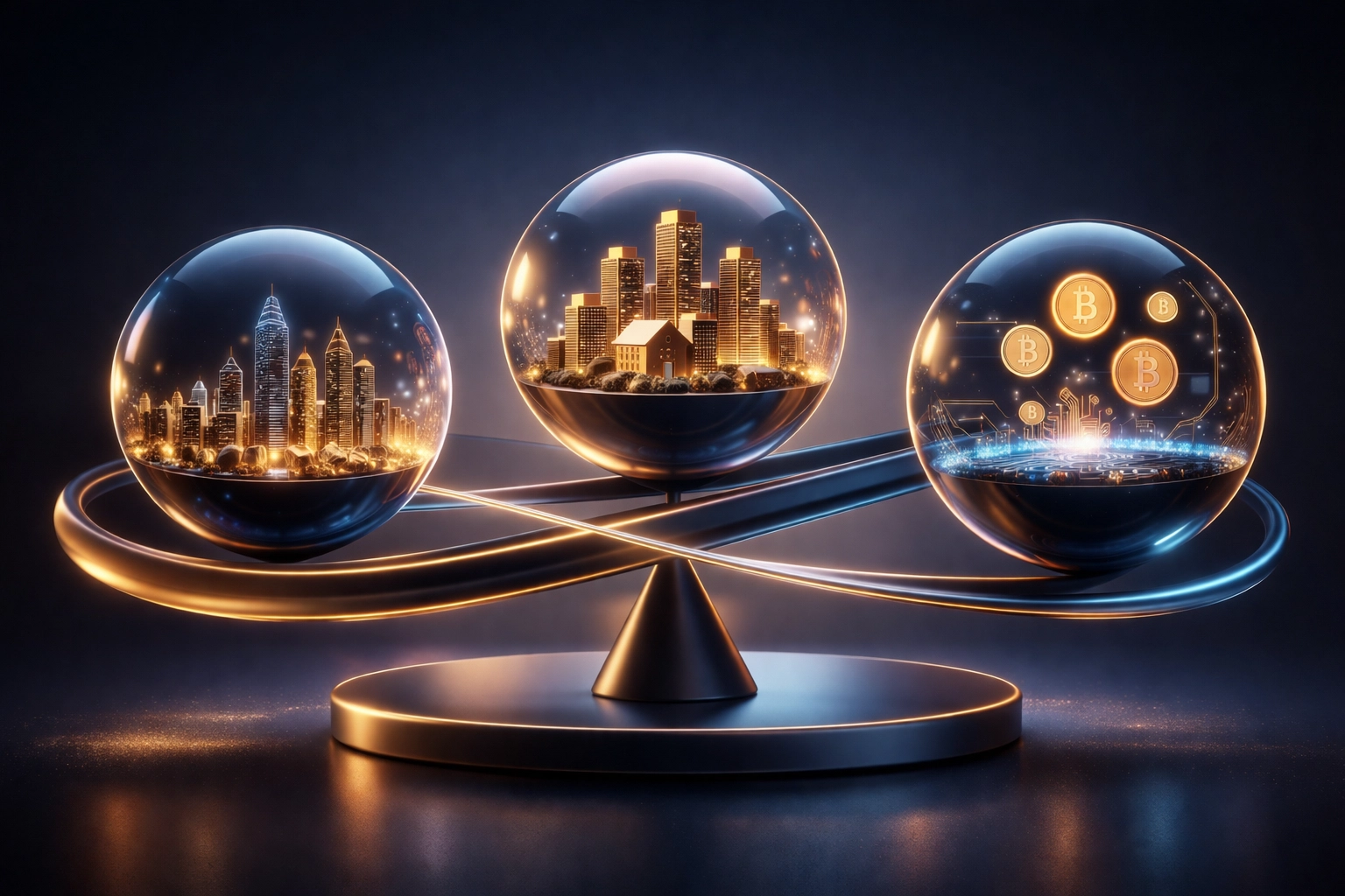 Balanced investment portfolio showing stocks, real estate, and cryptocurrency assets working together