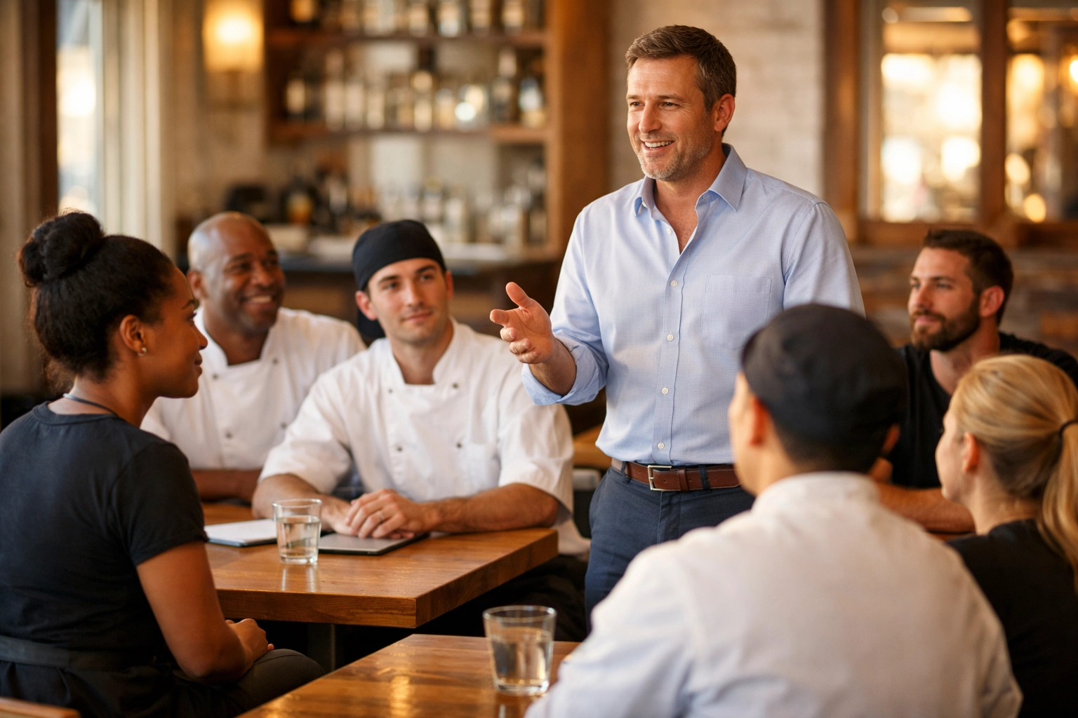 Restaurant staff meeting with front-of-house and kitchen team discussing operations