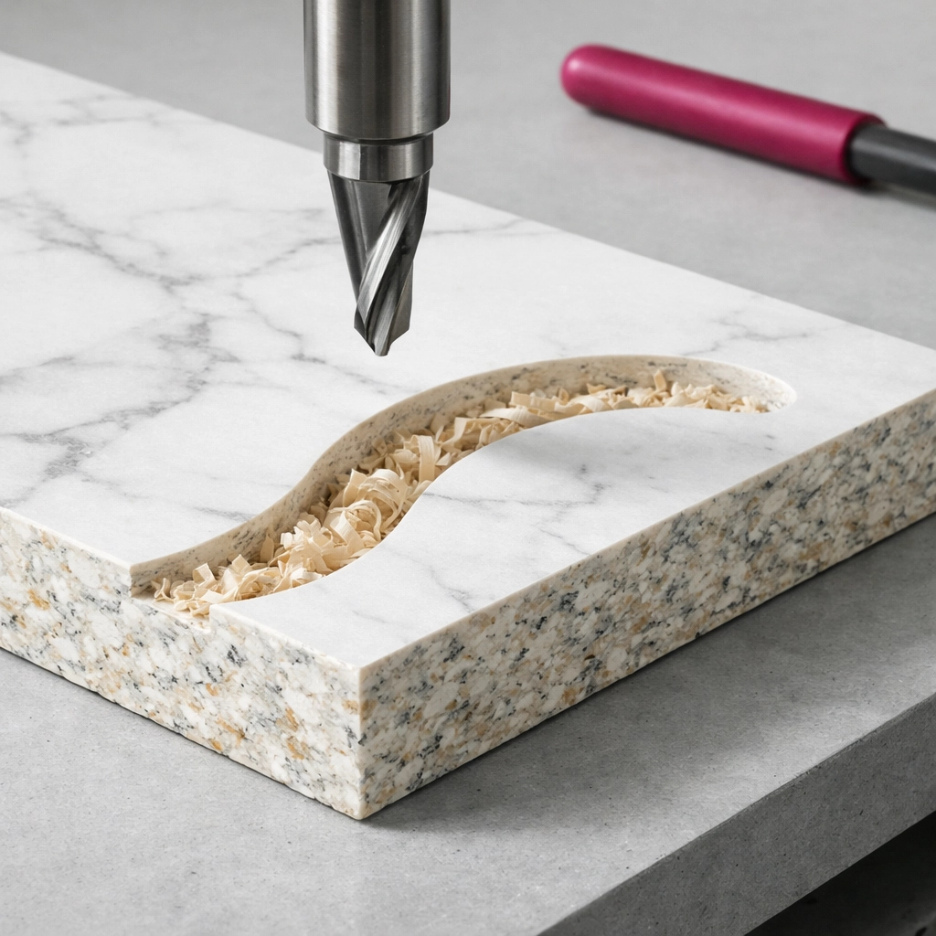 Precision CNC machining of a marble-textured recycled plastic panel for a durable and sustainable commercial benchtop.