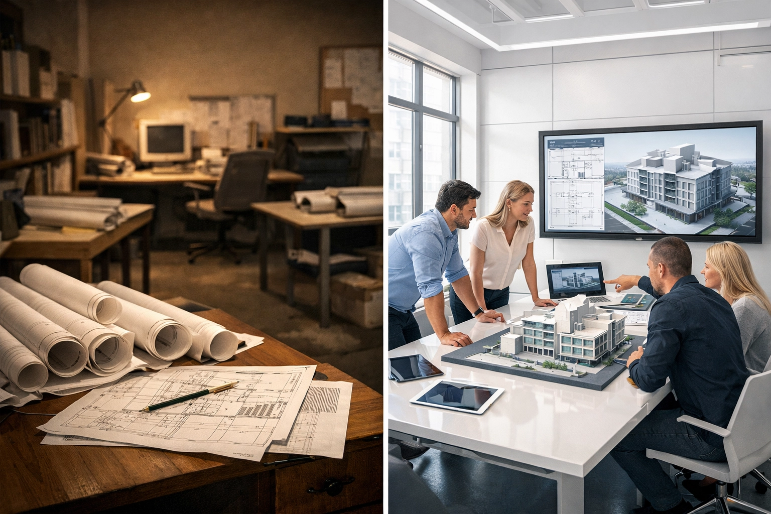 Comparison of traditional separate workflow vs integrated architectural team coordination
