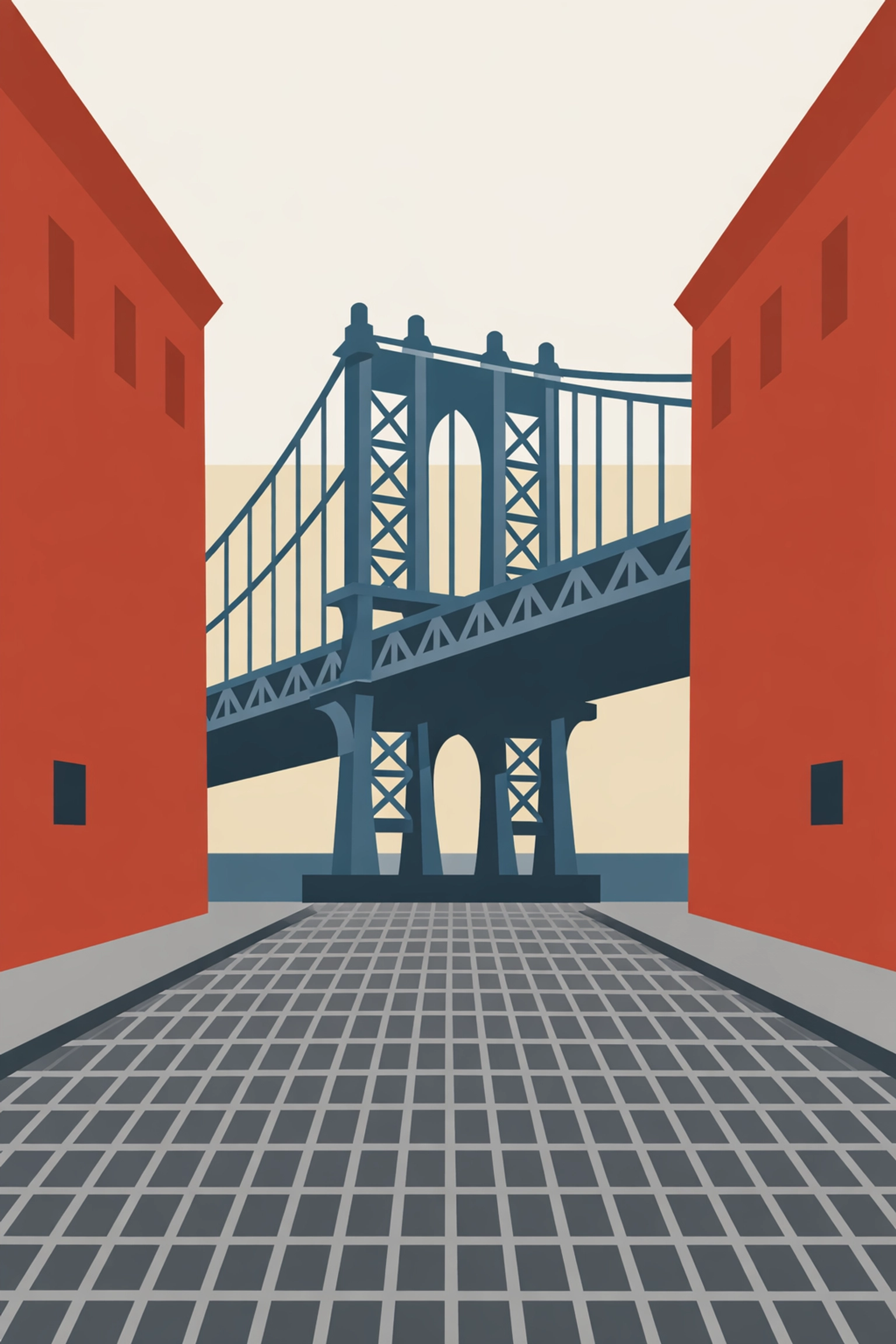 15 Funnest Family Activities to Do at the Best Places to Take Pictures 3 Geometric illustration of the Manhattan Bridge and cobblestone streets in DUMBO for family pictures.