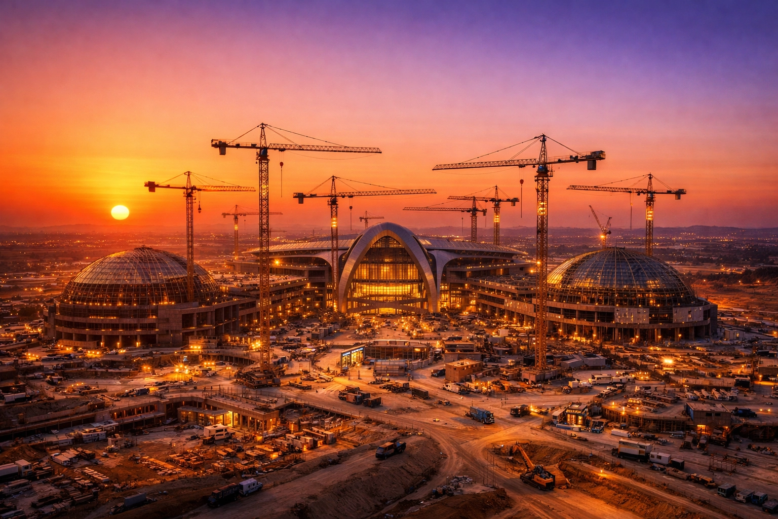 Hero aerial shot of construction site cranes at sunset for construction marketing and progress documentation.