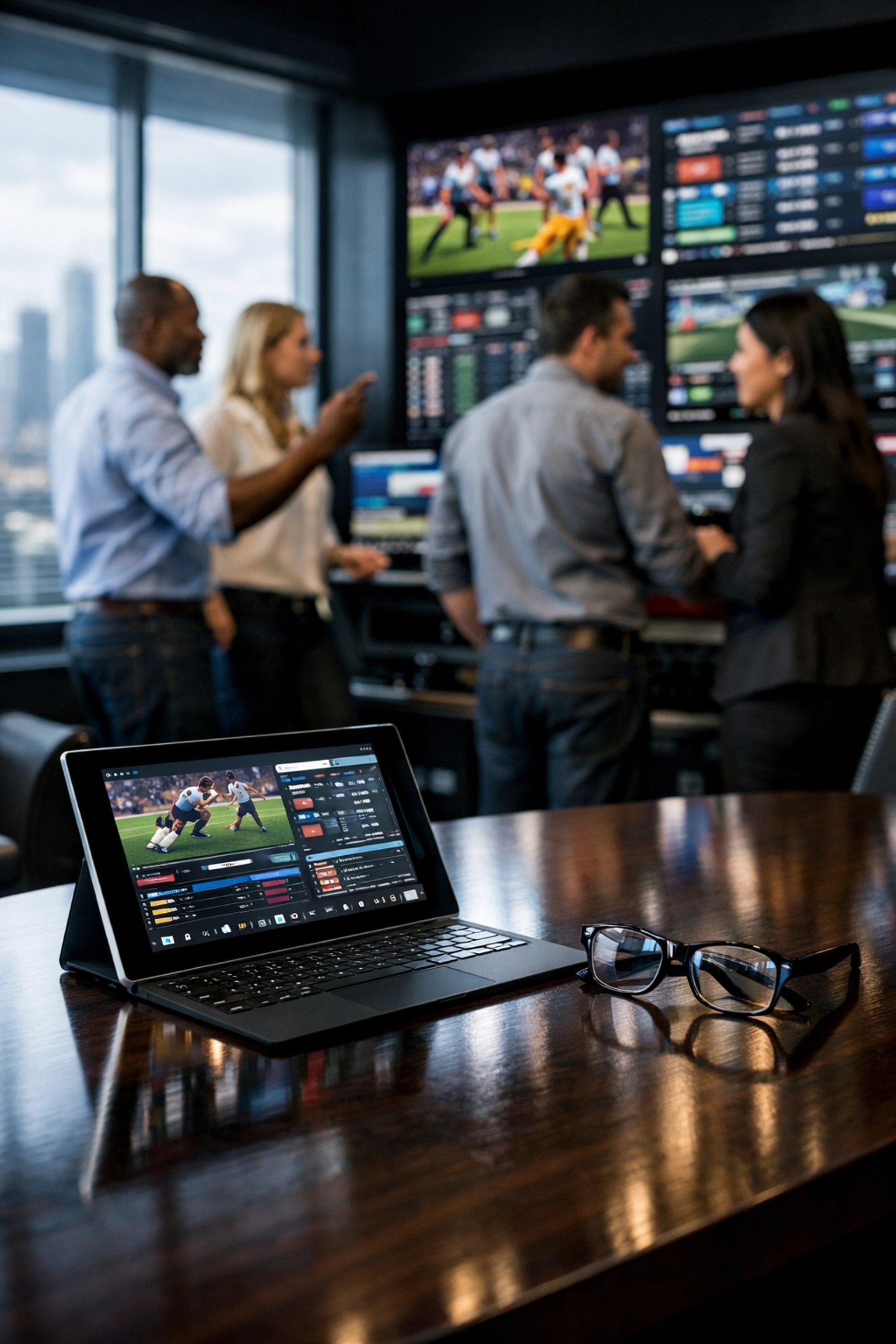 Consultants in a high-tech media suite developing digital strategies for Super Bowl sports advertising campaigns.
