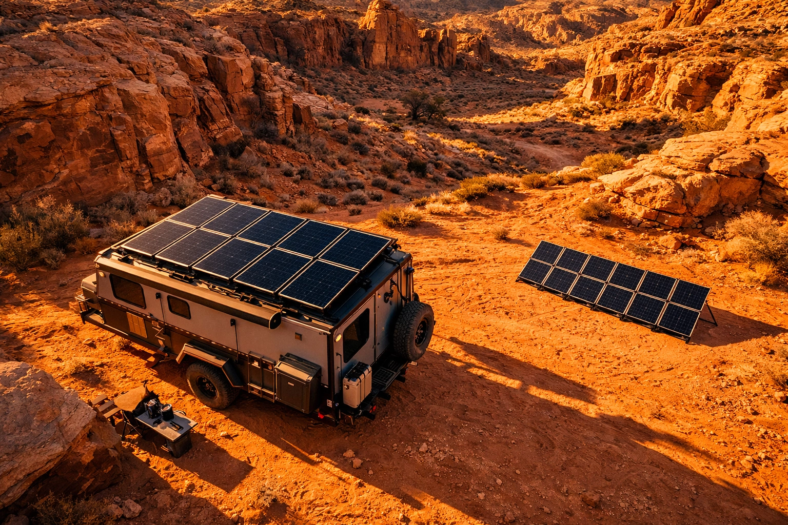 Off-road travel trailer with rooftop solar panels and portable array in remote desert location
