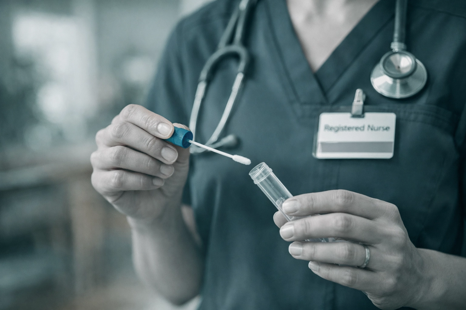 Registered nurse preparing a sterile DNA swab for a mobile collection in Chicago.