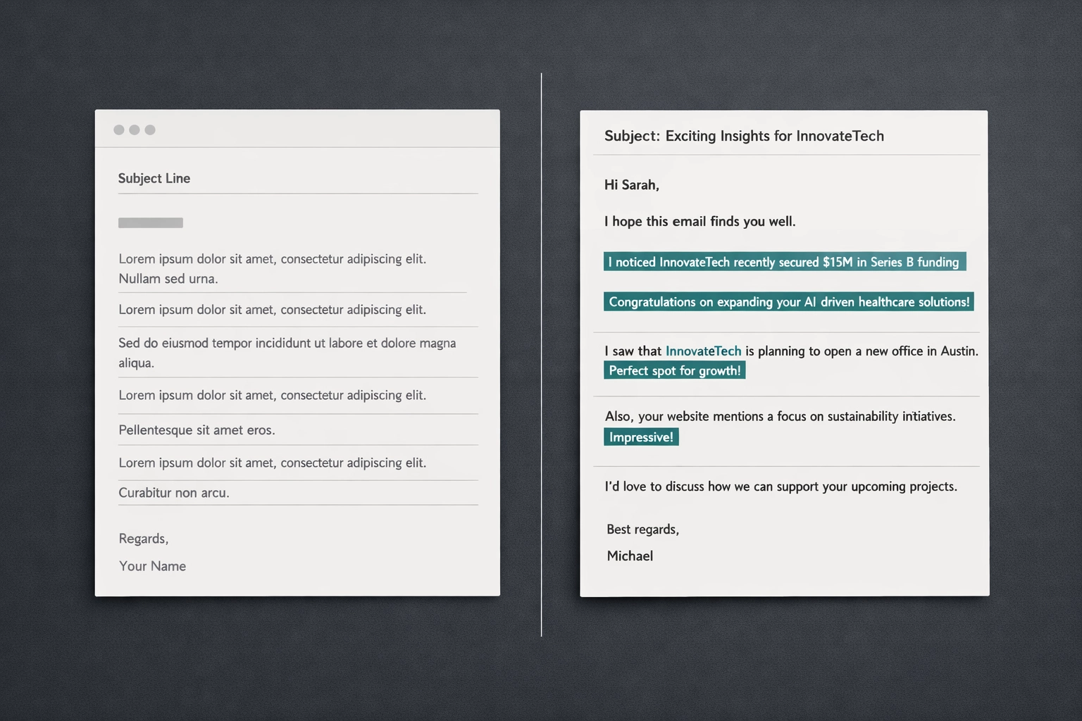 Comparison of generic email template versus personalized SDR outreach for startup sales development