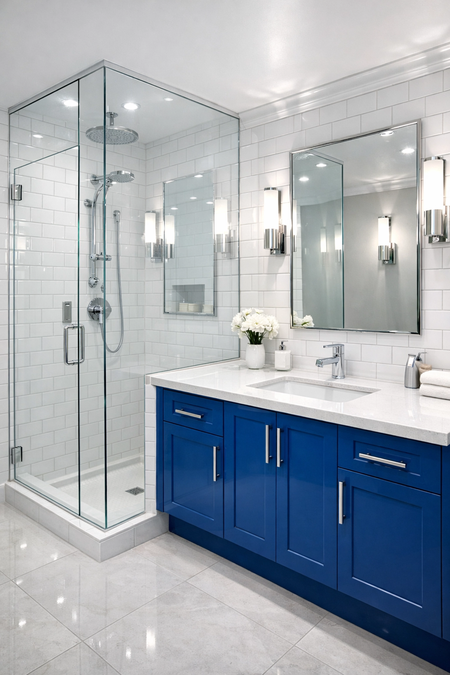 Sparkling clean bathroom with white subway tiles and bright grout from move-in/move-out cleans.