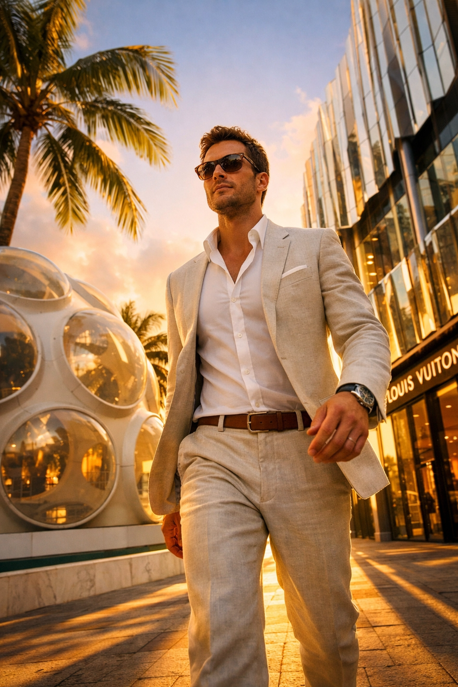 Lifestyle brand photography portrait of a professional in the Miami Design District at sunset.