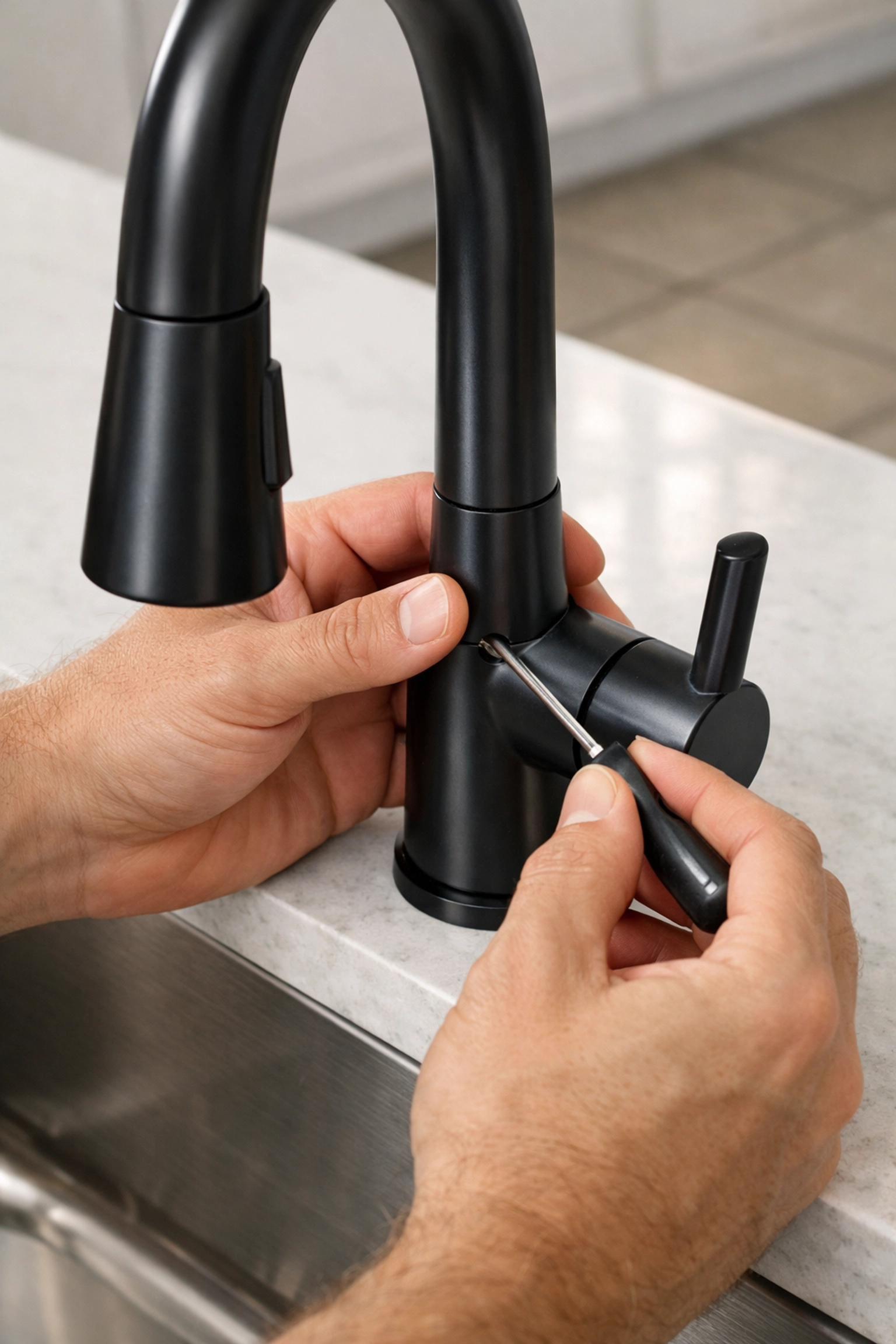 Detailed view of proactive kitchen maintenance to prevent water damage on kitchen countertops and tile floors.