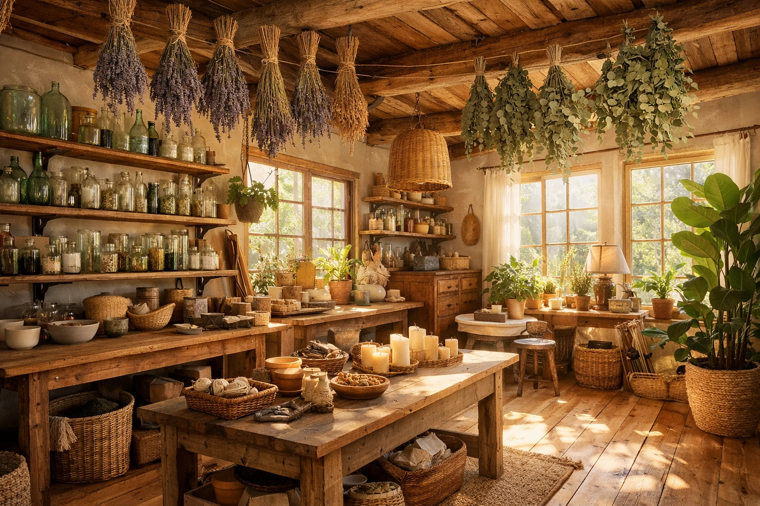 Sun-drenched artisan studio featuring sustainable materials and handcrafted gifts for stress-free shopping.