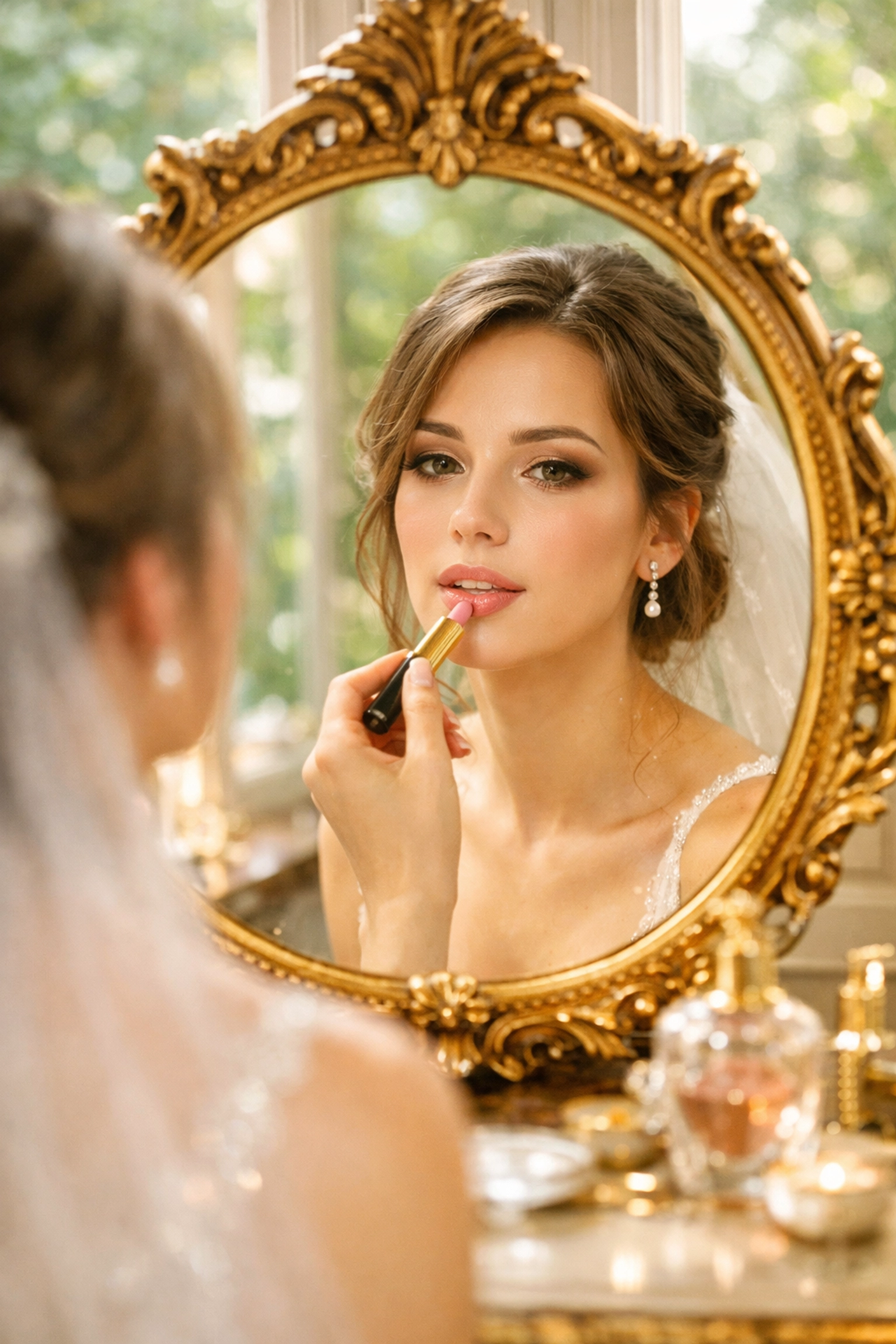 Bride's reflection in an elegant mirror during morning prep for a stress-free wedding day.