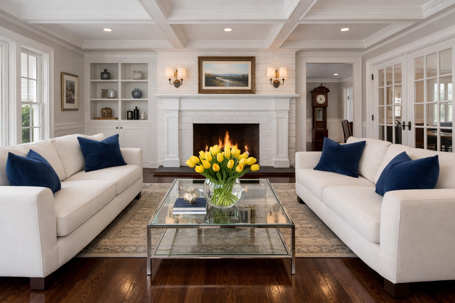 Spotless luxury living room in Lexington Massachusetts after professional residential cleaning.