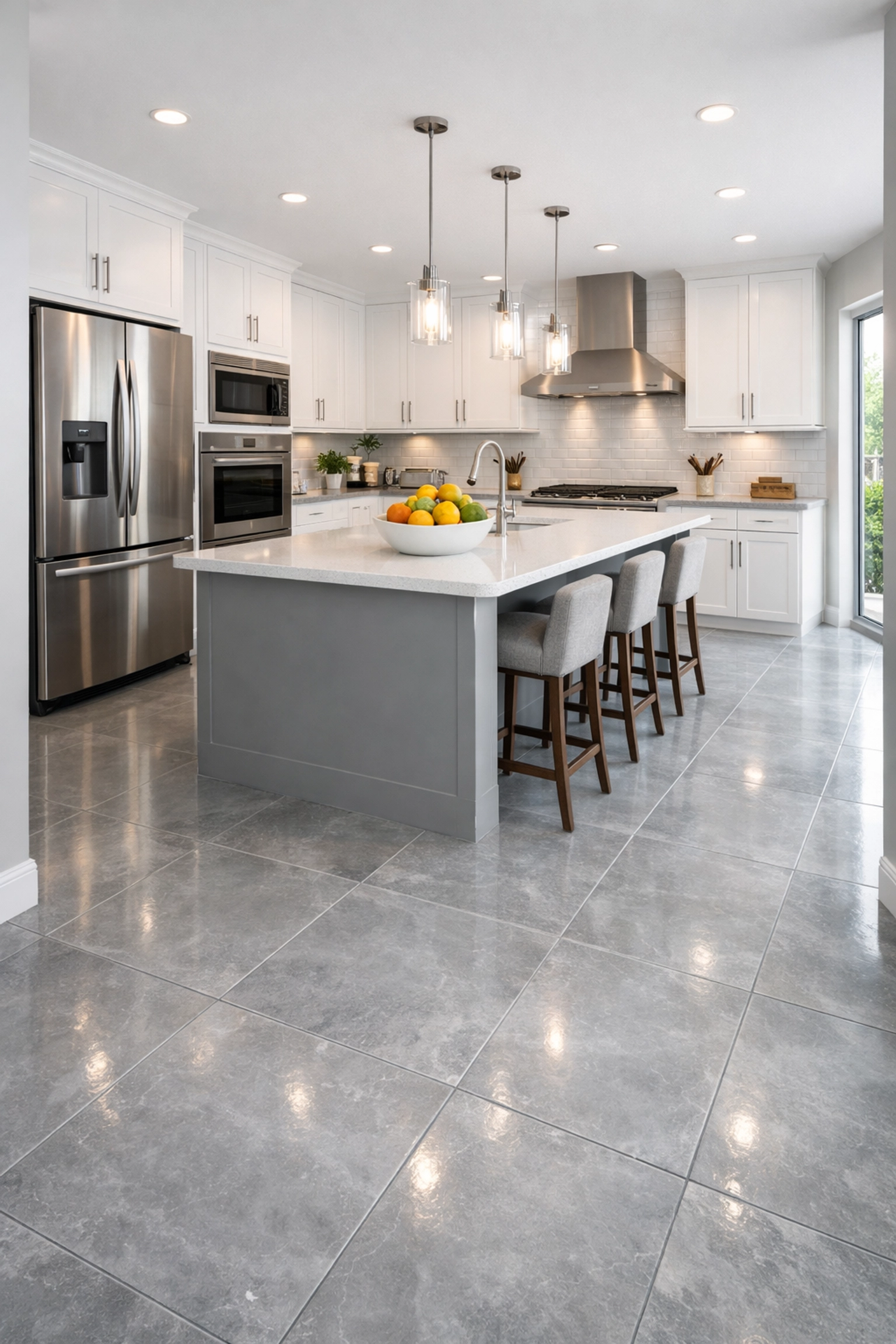 Modern Orlando kitchen with large-format tile flooring installation and white cabinetry