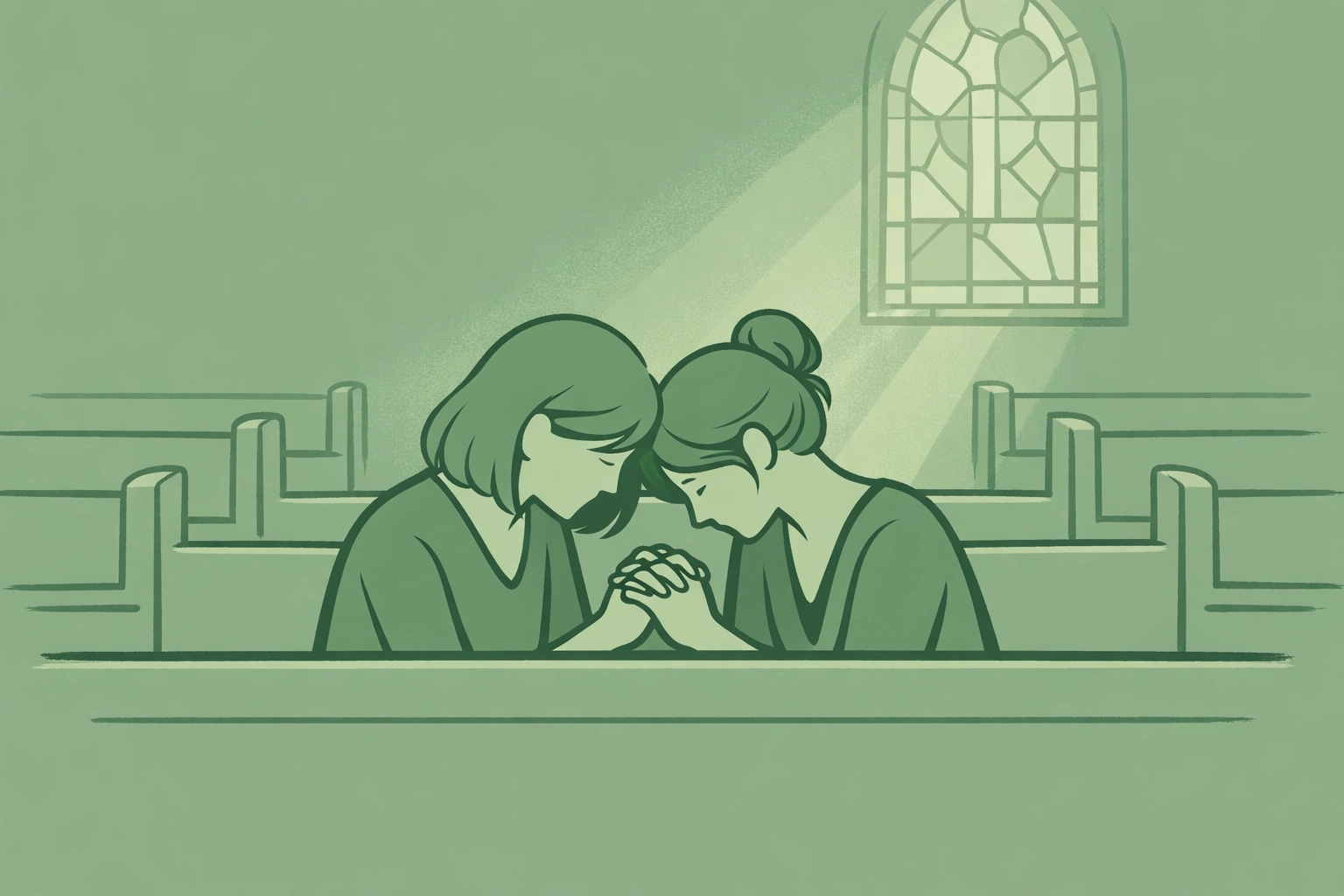 Two women praying together in church pew, navigating faith and LGBTQ+ identity with courage