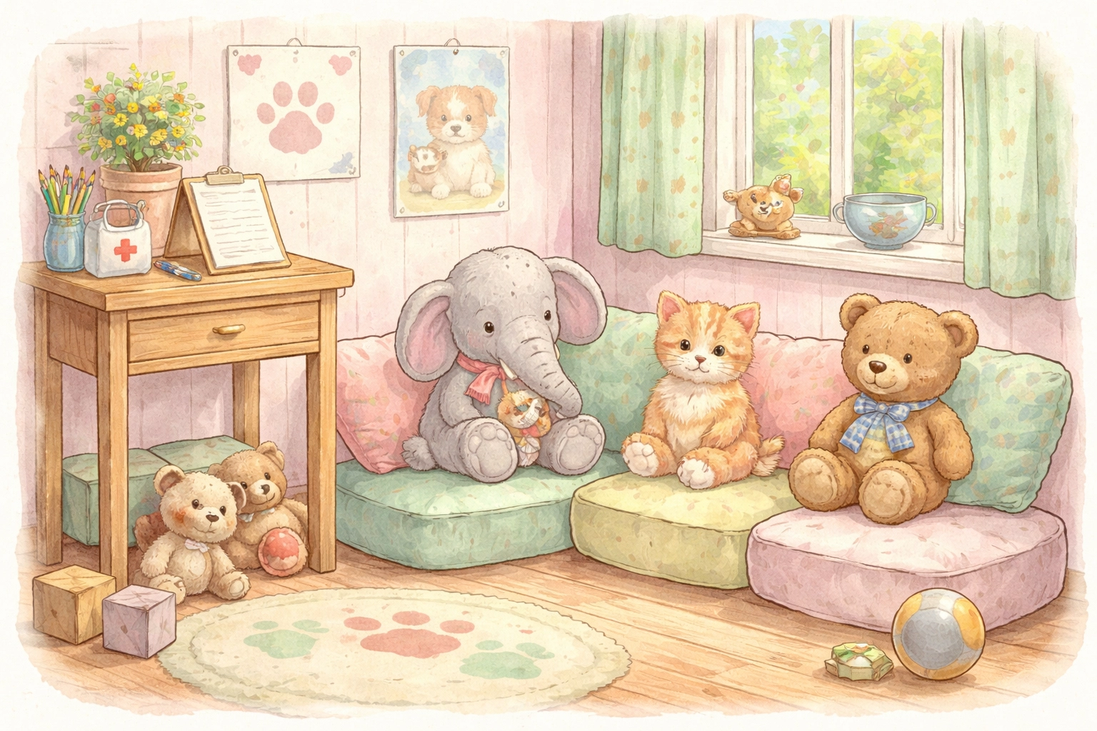 Stuffed animals waiting on cushions and at a desk in a whimsical pretend veterinary waiting room