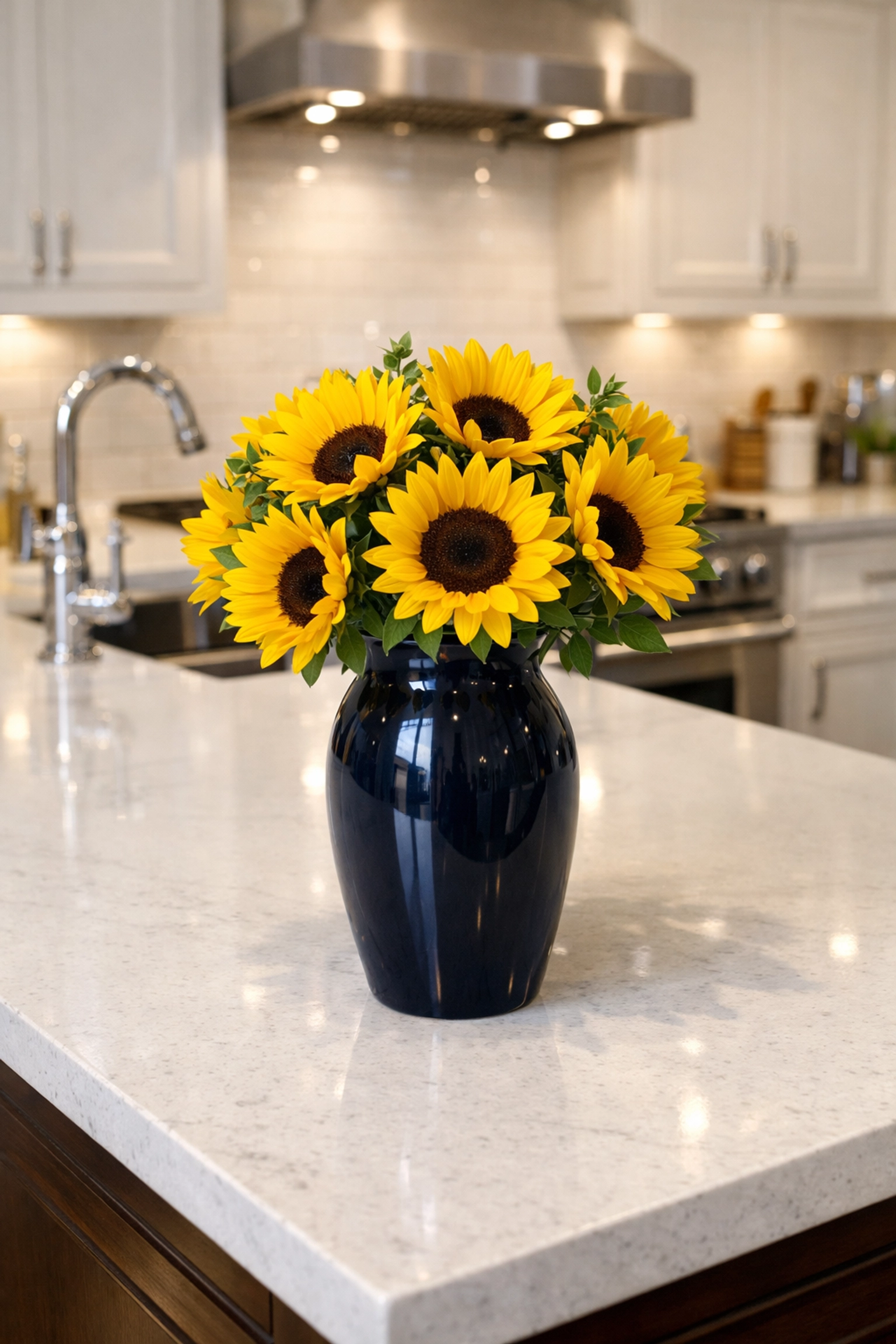 Sparkling clean kitchen island in Ashburnham MA with quartz countertops and a fresh floral arrangement.