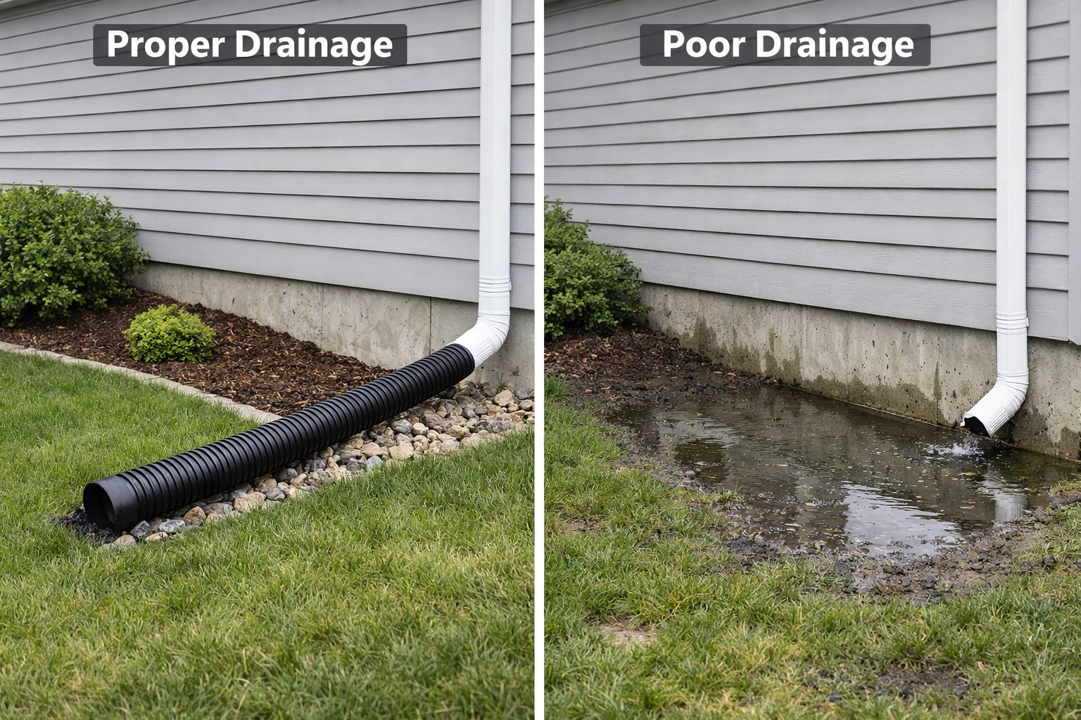 Comparison of proper versus poor foundation drainage and grading around home exterior