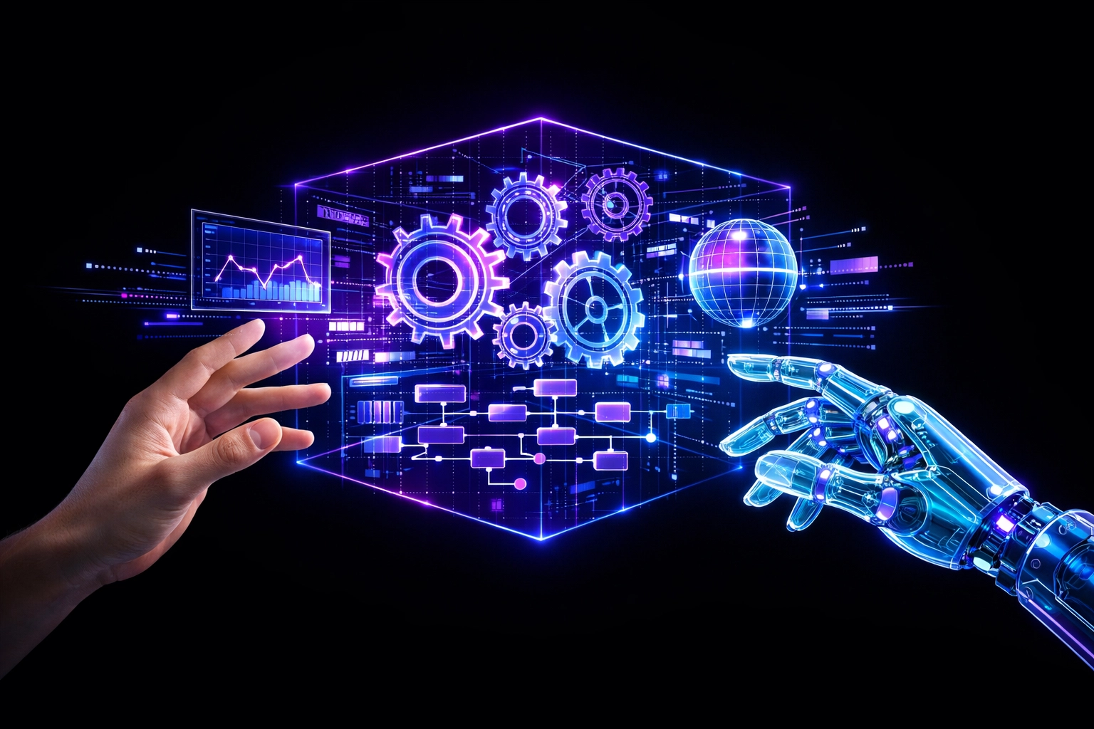 Human and robotic hands collaborating over a holographic workspace to illustrate hybrid AI automation workflows.