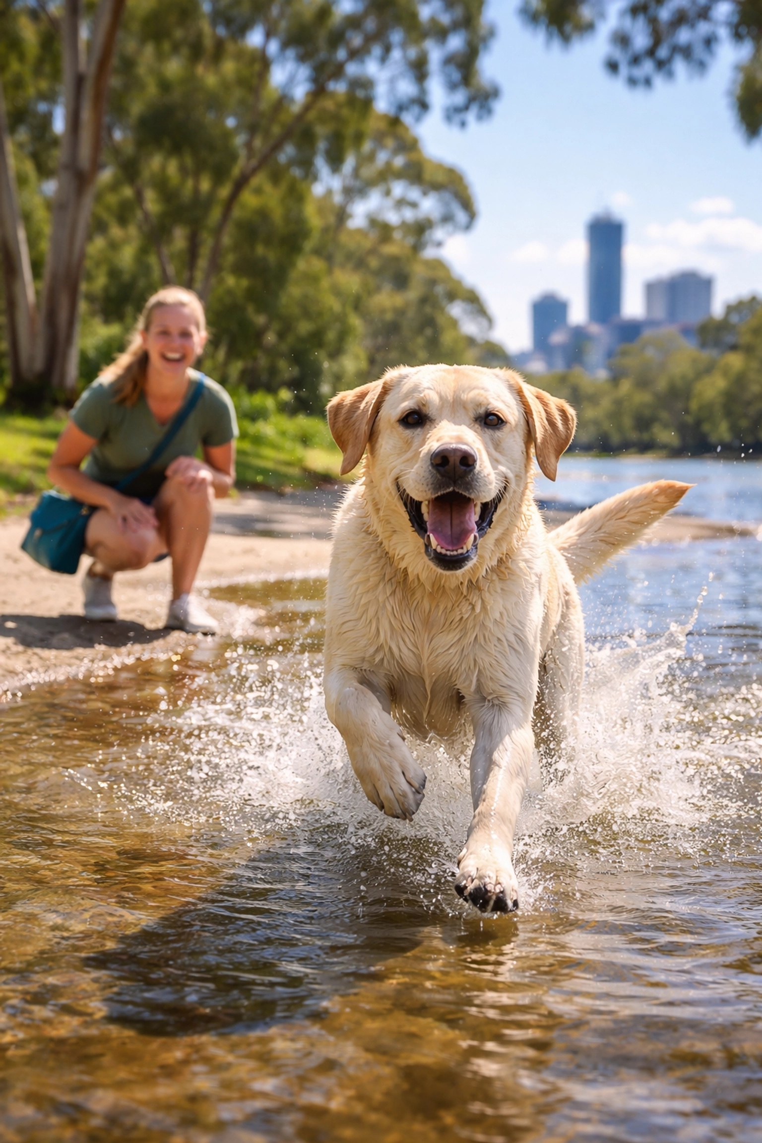 Labrador retriever and pet sitter playing in water at a Brisbane dog-friendly park on a sunny day