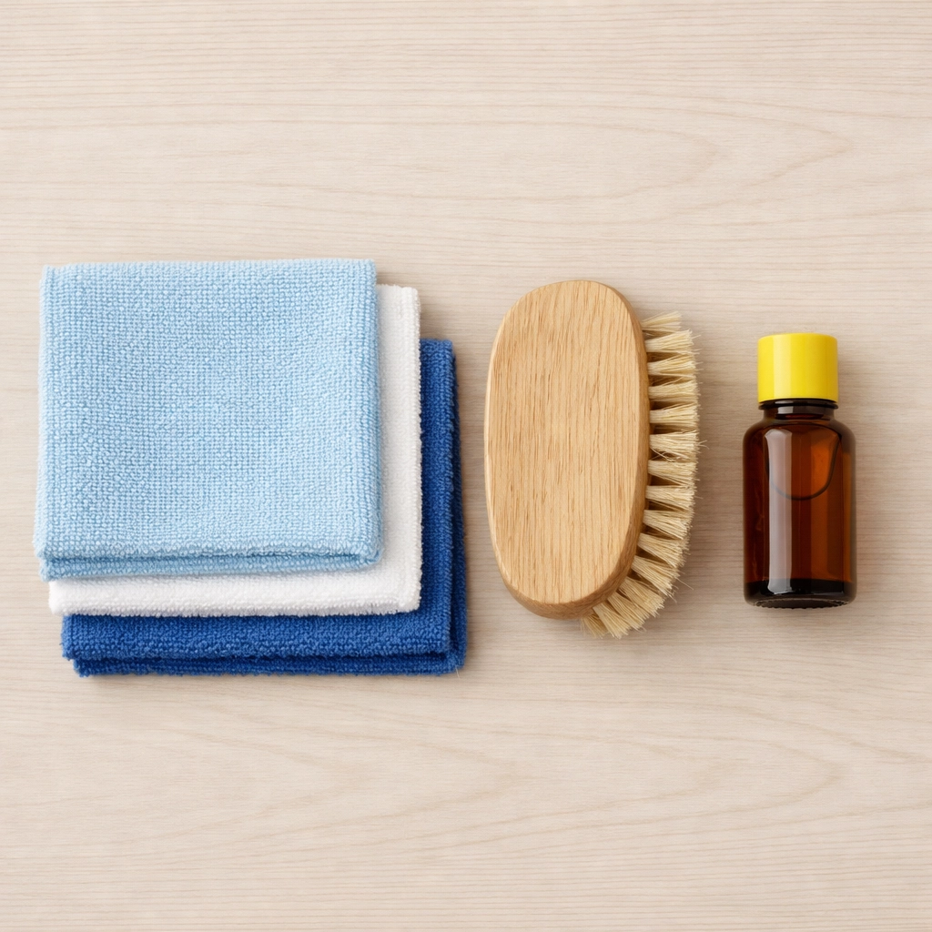 Natural tools for residential cleaning in Leominster MA including microfiber cloths and essential oils.
