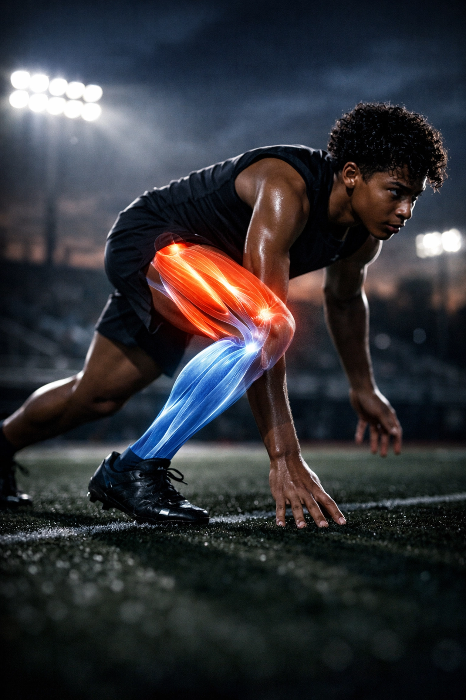 Athlete sprint start illustrating Sherrington’s Law of reciprocal muscle inhibition for AFSM speed training.