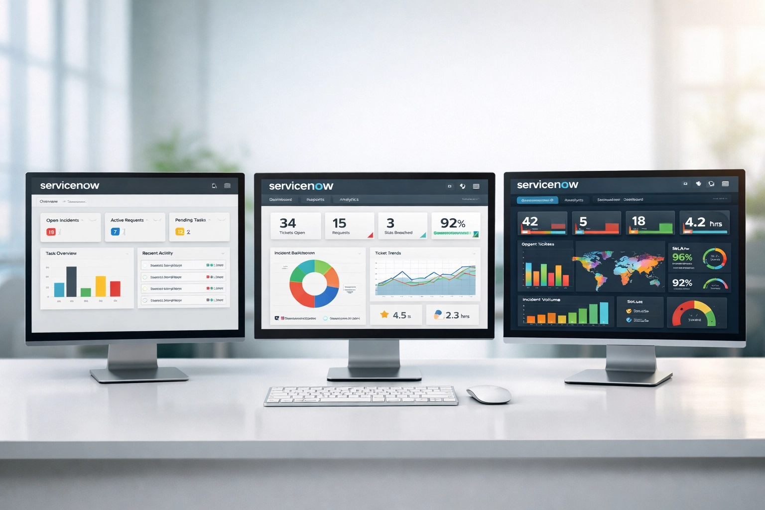 ServiceNow ITSM package tiers displayed on monitors showing Standard, Professional, and Enterprise options