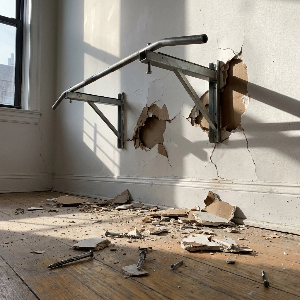 Damaged apartment wall showing failed wall-mounted pull-up bar installation, highlighting the risks of permanent gym equipment.