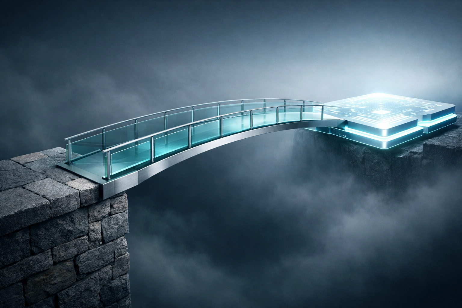 A modern bridge connecting legacy systems to a digital platform, representing S/4HANA talent readiness.