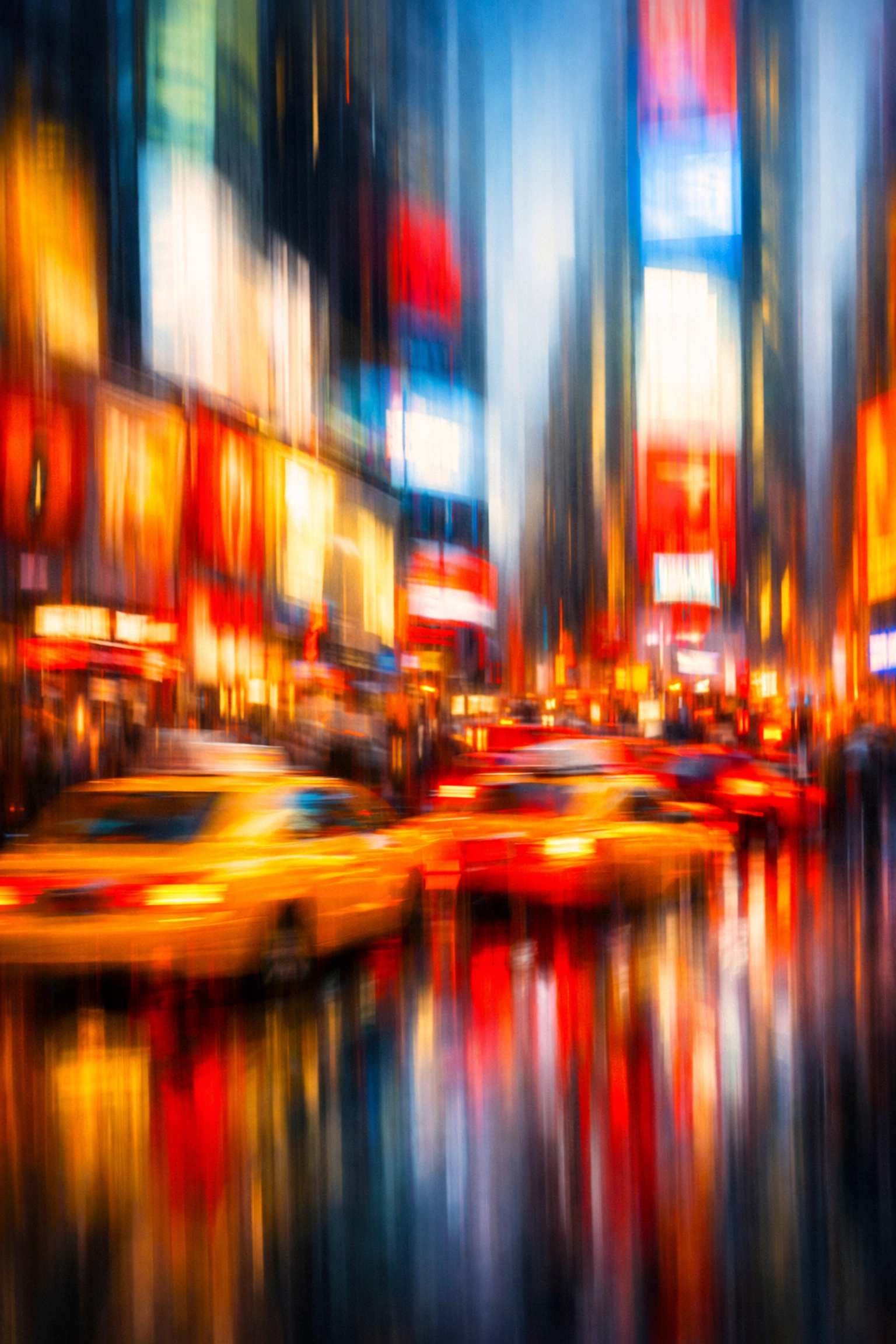Vibrant abstract light streaks in a city square, an example of intentional camera movement in street photography.