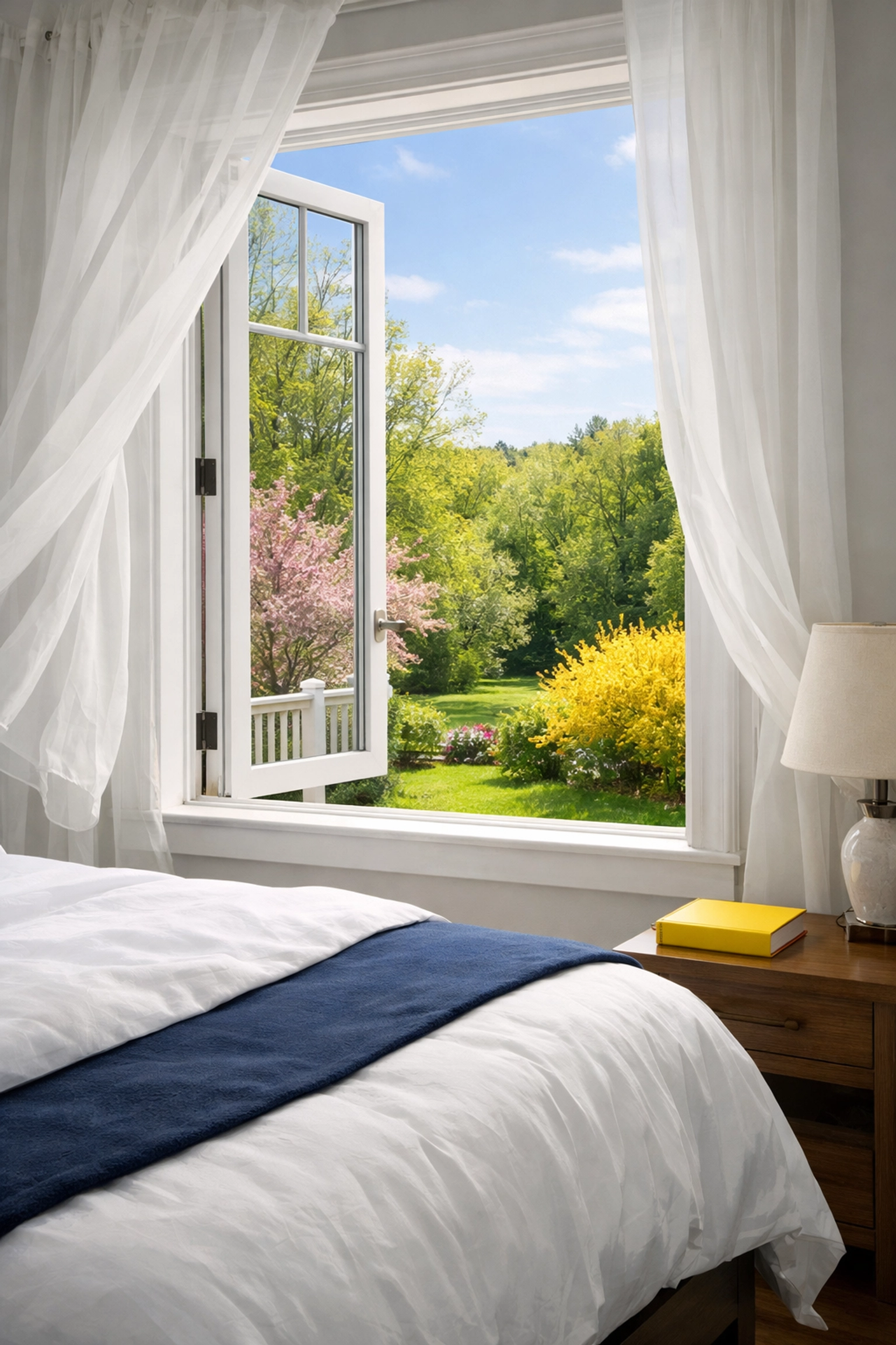 Clean luxury bedroom with fresh air from an open window, highlighting the health benefits of home cleaning in MA.