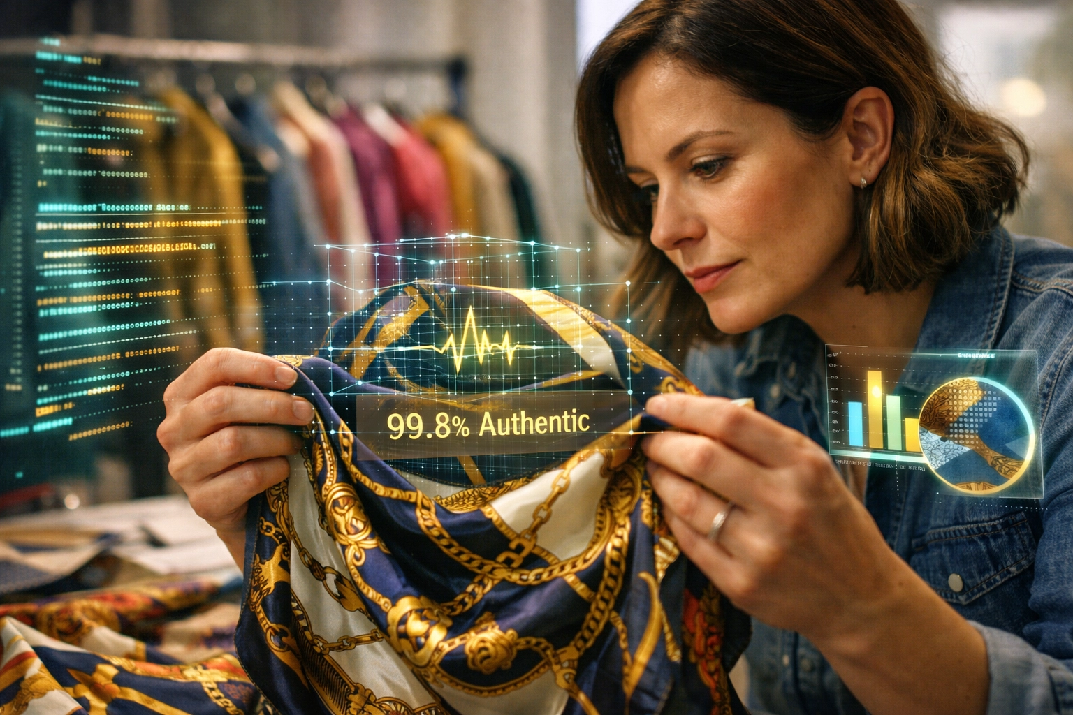 A reseller scanning a silk scarf with digital data, demonstrating the efficiency of modern AI tools for resellers.