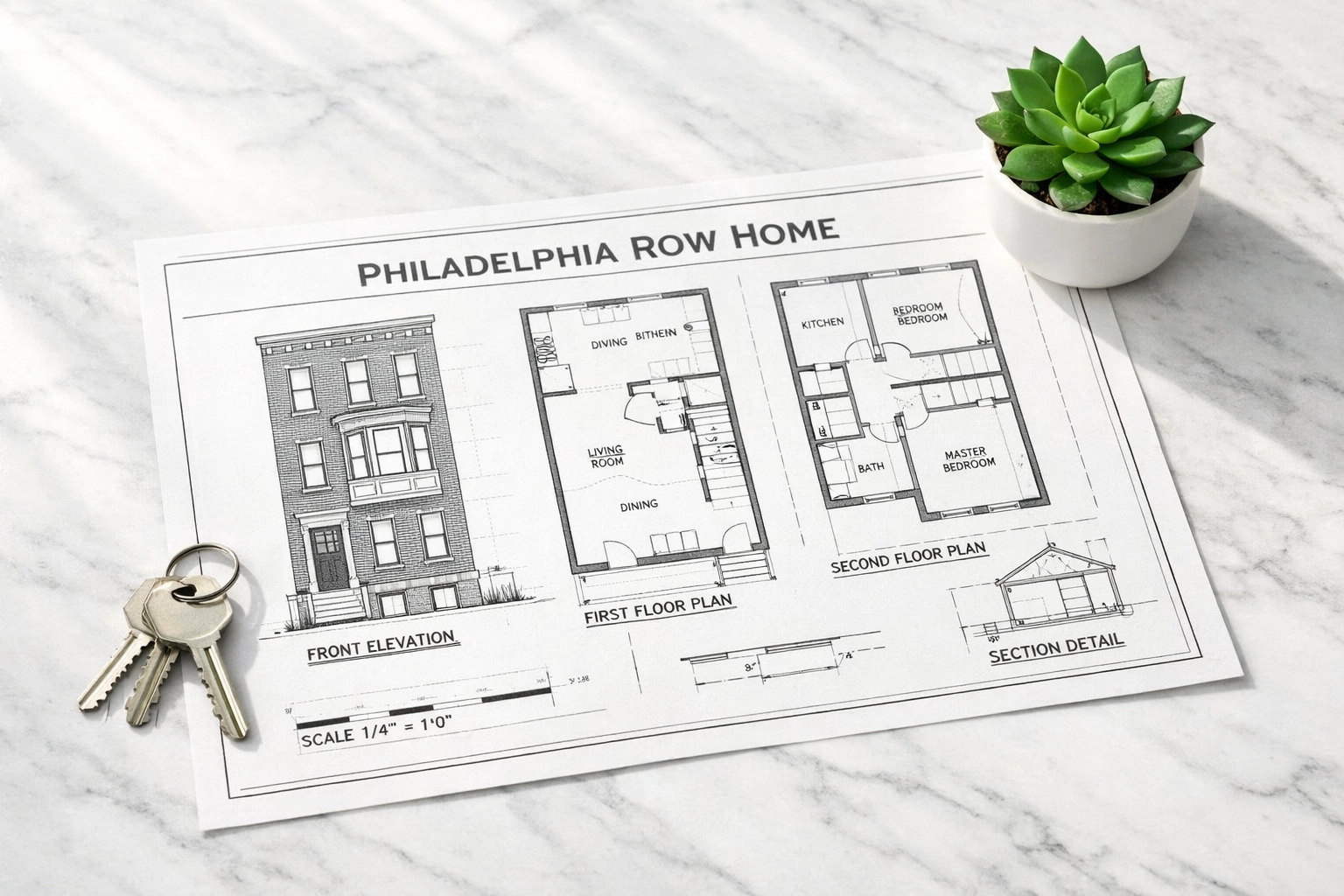 Blueprints for a Philadelphia row home and house keys representing a 90% LTC BRRRR investment project.