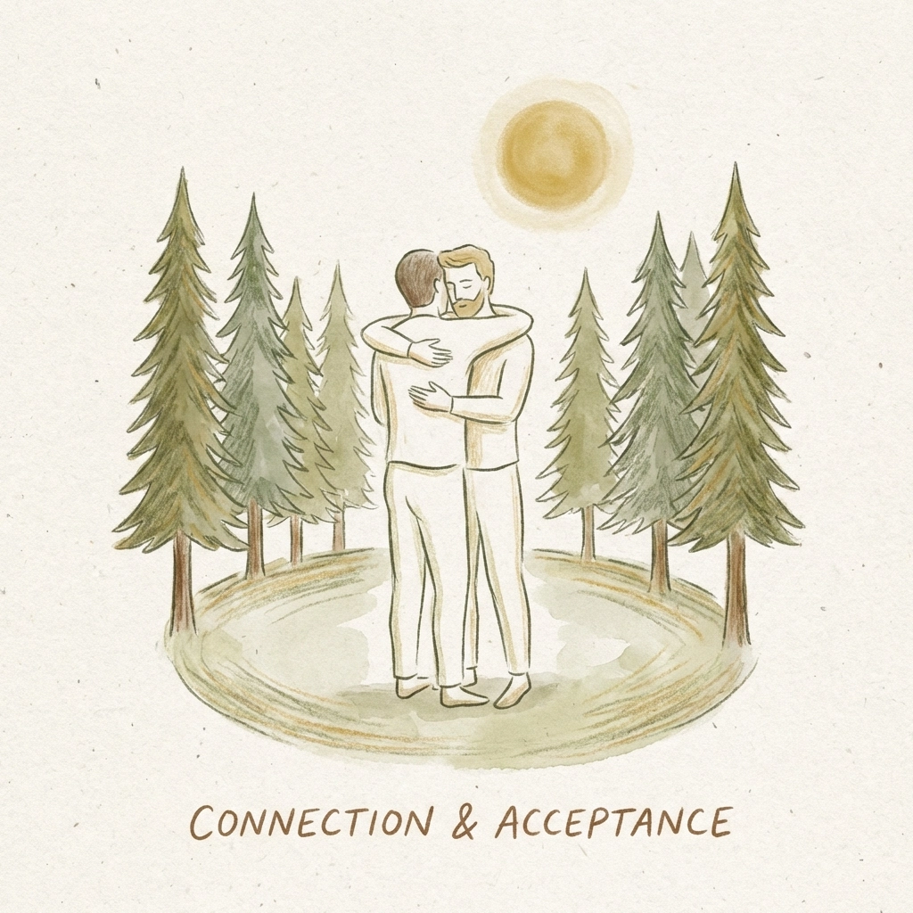 Gay men embracing in nature showing body positivity at naturist retreat