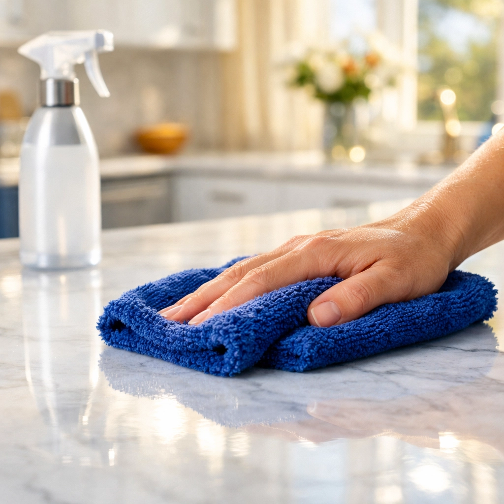 Professional cleaning of a marble kitchen countertop using a microfiber cloth in a Westwood home.