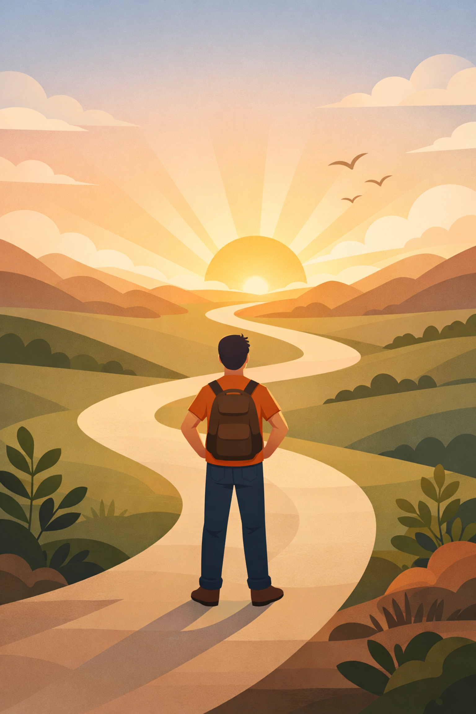A young adult on a path toward a bright horizon, symbolizing growth and independence through ABA therapy.