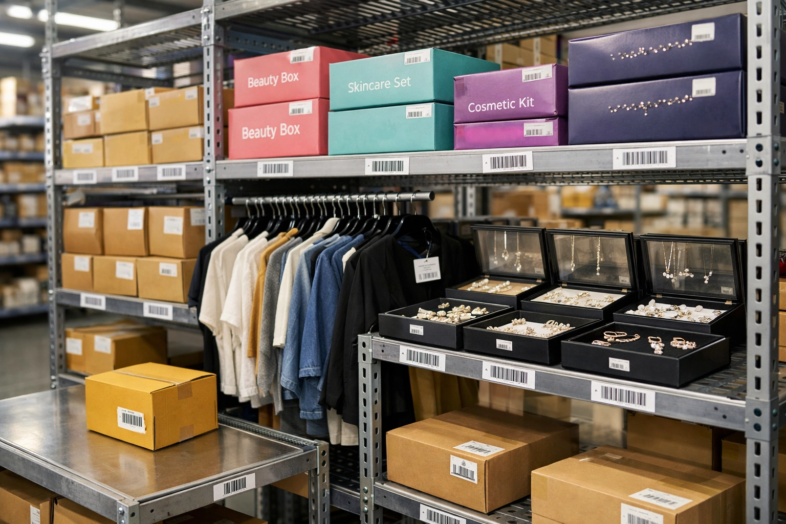 Organized B2B wholesale warehouse with beauty, clothing, and jewelry inventory on shelves