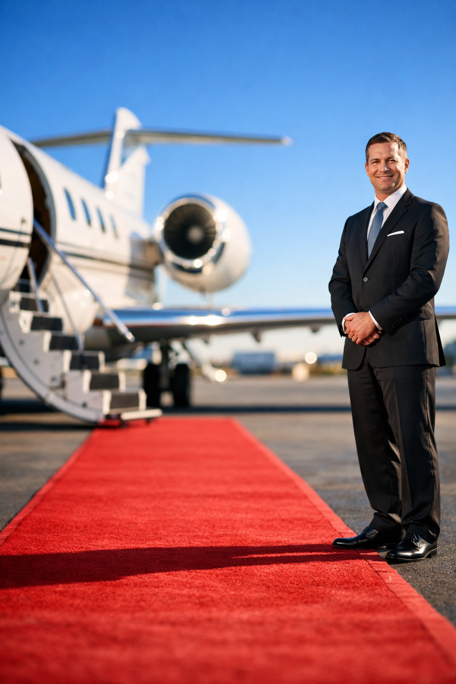 Professional concierge greeting corporate VIPs on a red carpet at a private jet terminal.