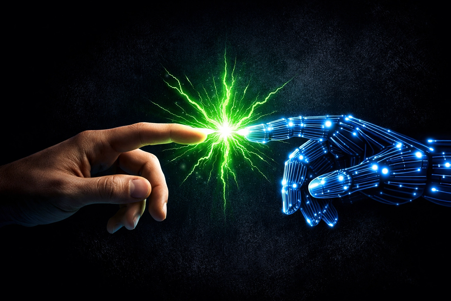 Human and robotic hands joining to illustrate the partnership between AI efficiency and human empathy.