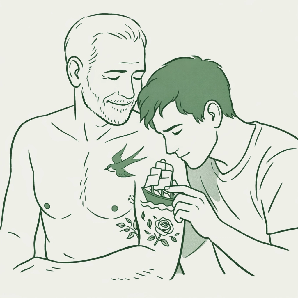 Older tattooed gay man shares stories with younger partner in intimate MM romance moment