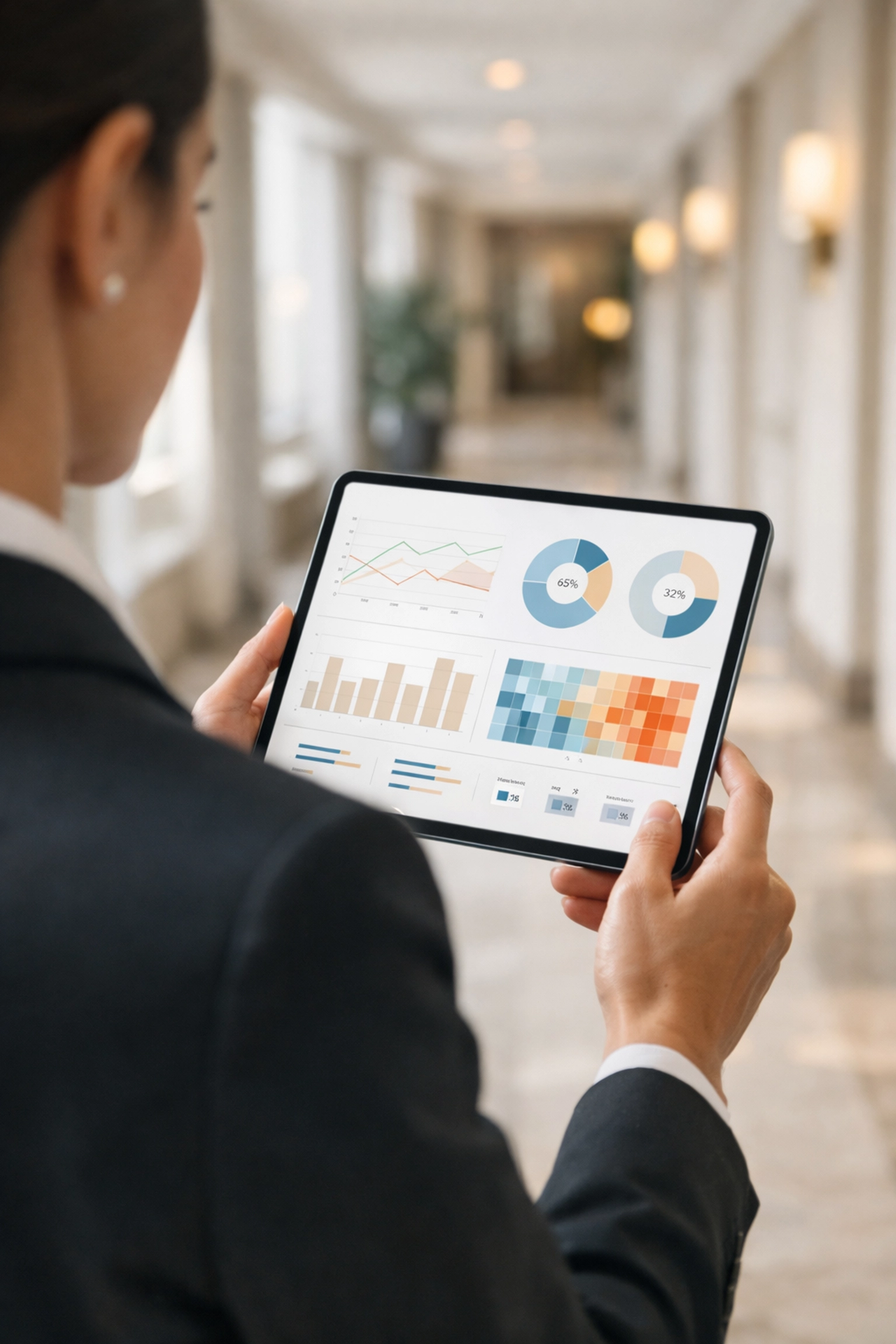 Hotel staff using a data dashboard to proactively manage and improve the guest stay experience.
