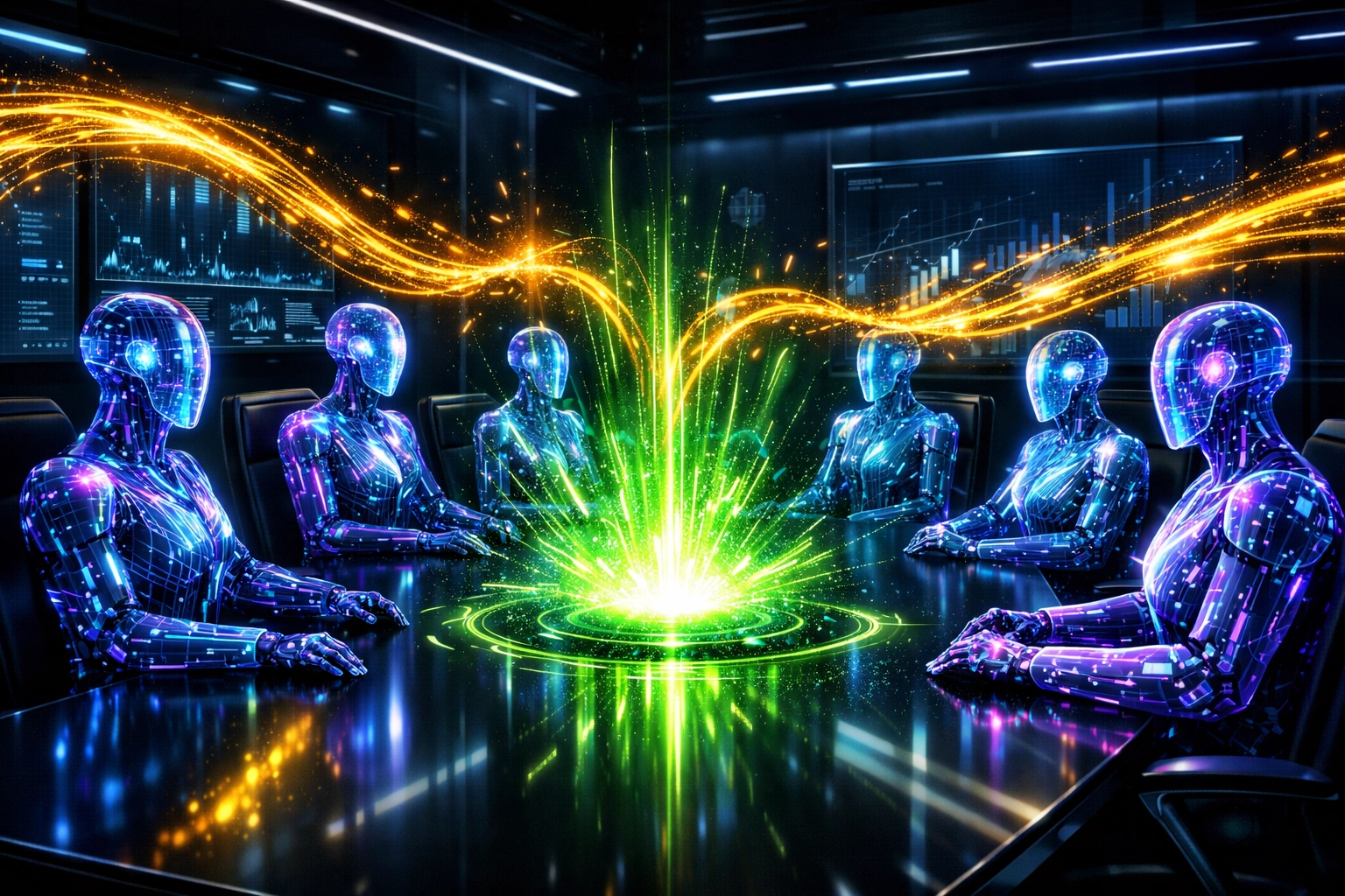 Digital AI agents in a futuristic office setting illustrating efficient intelligent automation workflows.
